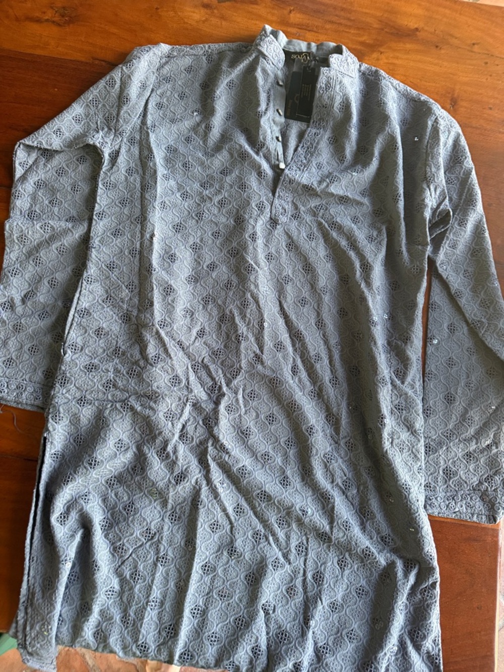 Men's Light Gray Embroidered Long Sleeve Kurta Shirt